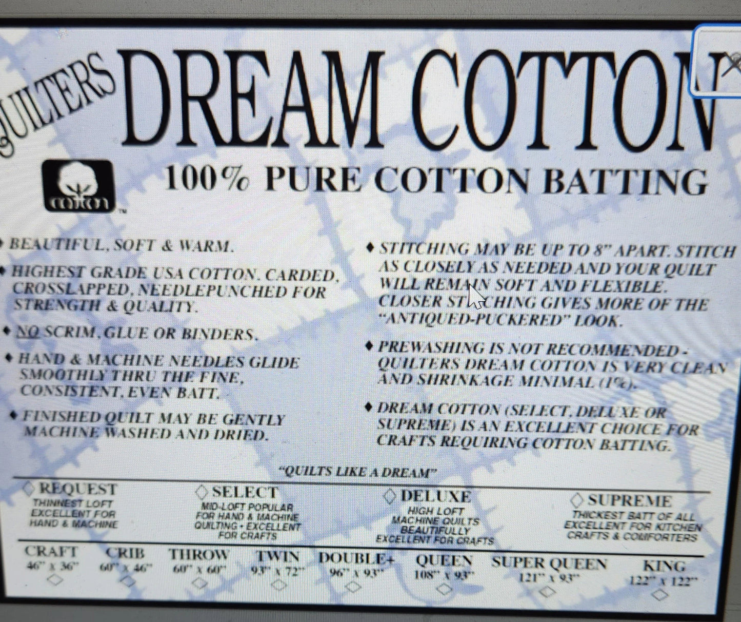 Quilters Dream Batting Natural Deluxe Loft Cotton King Roll FREE SHIPPING