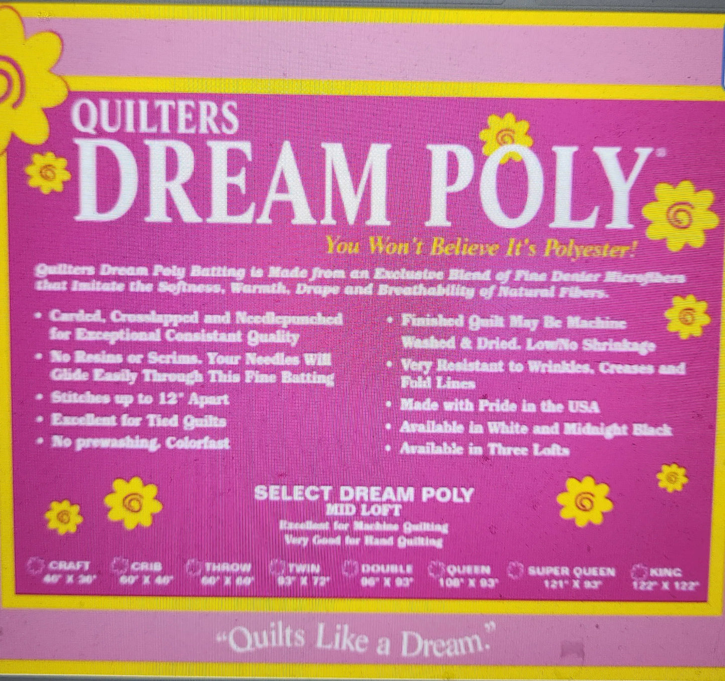 Quilters Dream Poly Select Loft Batting Queen Rolls FREE SHIPPING